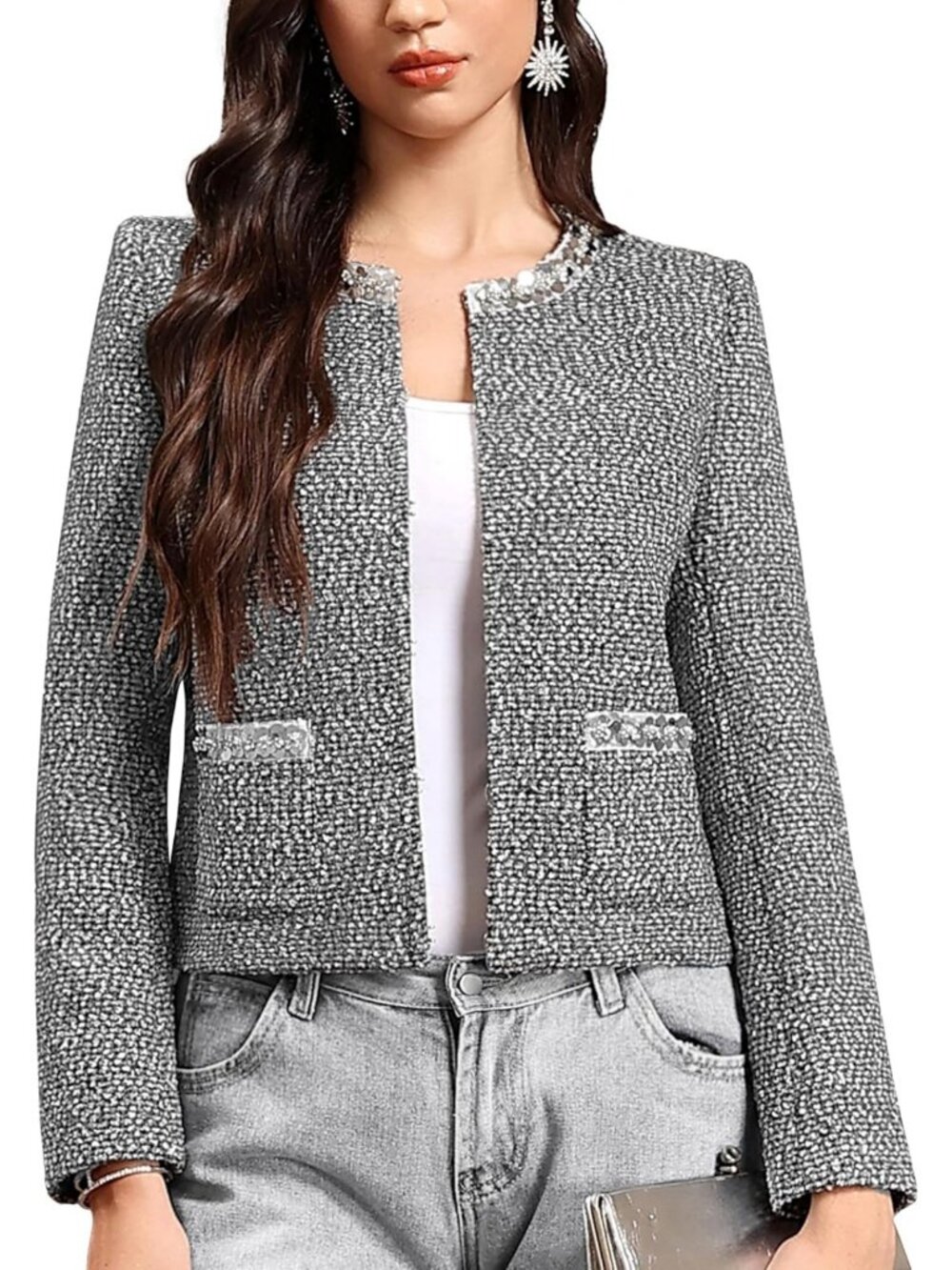 Sparkly Sequin Tweed Blazer Jacket for Women | Chic Party & Business Casual Wear